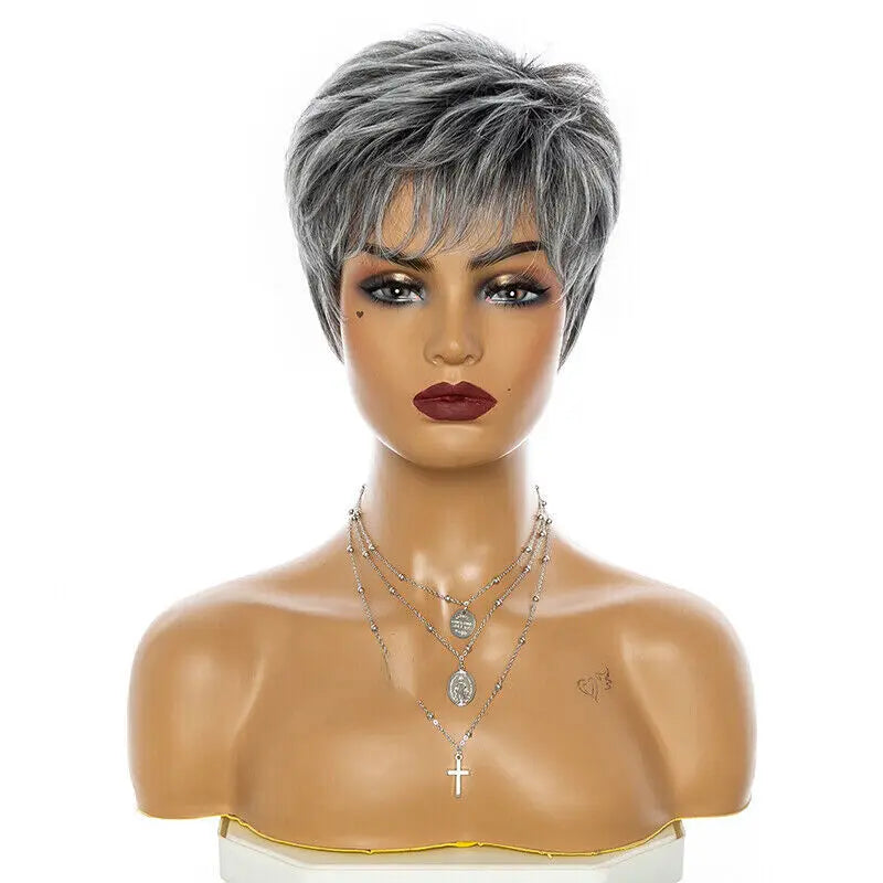 Short Black Root Grey Cut,  Straight Slightly Layered Synthetic Wig for Women & Girls