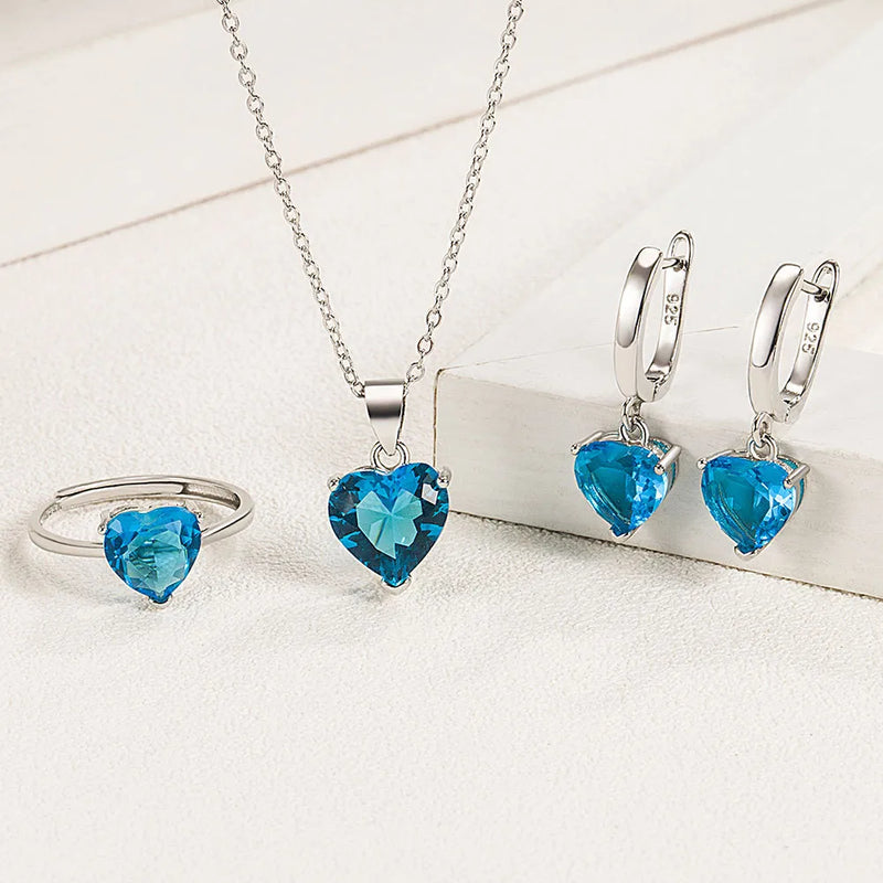 925 Sterling Silver Jewelry Sets For Women & Girls - Heart Zircon Ring, Earrings and Necklace