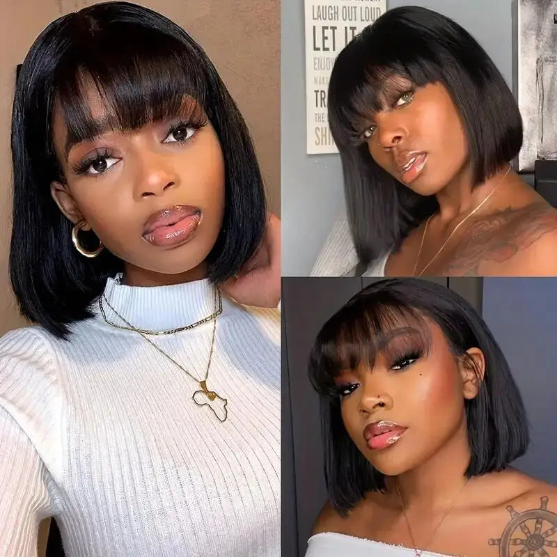 2x1 Straight Bob Lace Closure Wigs with Bangs for Women - Brazilian Hair, Short Straight Wigs With Realistic Scalp, 8-14 Inches