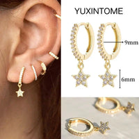 925 Silver Needle Star Hoop Earrings for Women - Five-pointed Star and Moon Pendant Huggie Earrings