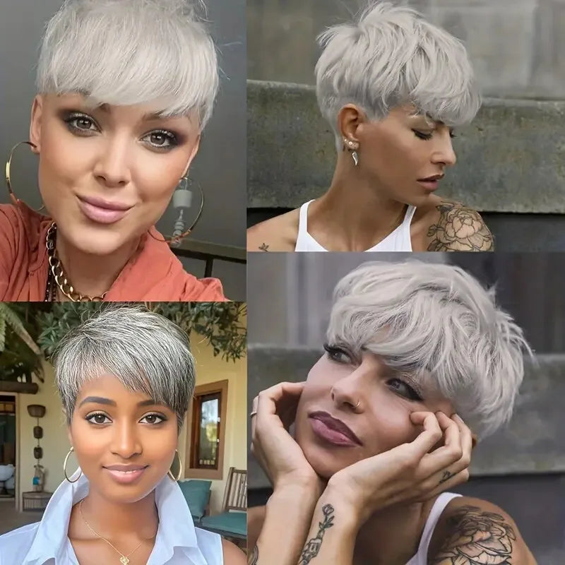 Ombre Grey Short Pixie Cut Wig with Bangs Salt and Pepper Human Hair Wig Pre Plucked Glueless Gray Bob Wig Full Machine Made Sweet T 52