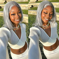 Silver Grey Bob Wig — 13x6 Transparent Lace Frontal, Pre-Plucked, Ships from USA
