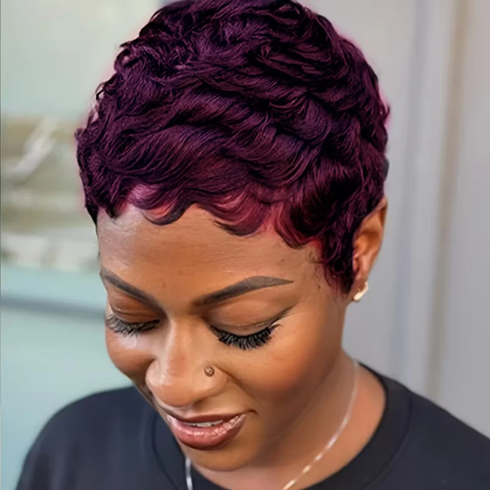 Brazilian Human Hair Pixie Cut Wig with Bangs - Machine Made
