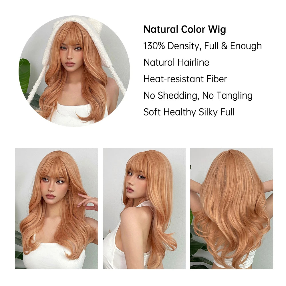 EASIHAIR Light Orange Synthetic Wigs Long Wavy Ombre Natural Hair Wigs with Bangs for Women Cosplay Lolita Wig Heat Resistant SWEET T 52
