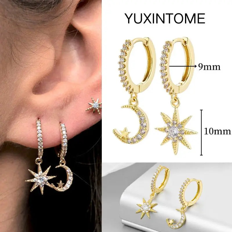 925 Silver Needle Star Hoop Earrings for Women - Five-pointed Star and Moon Pendant Huggie Earrings