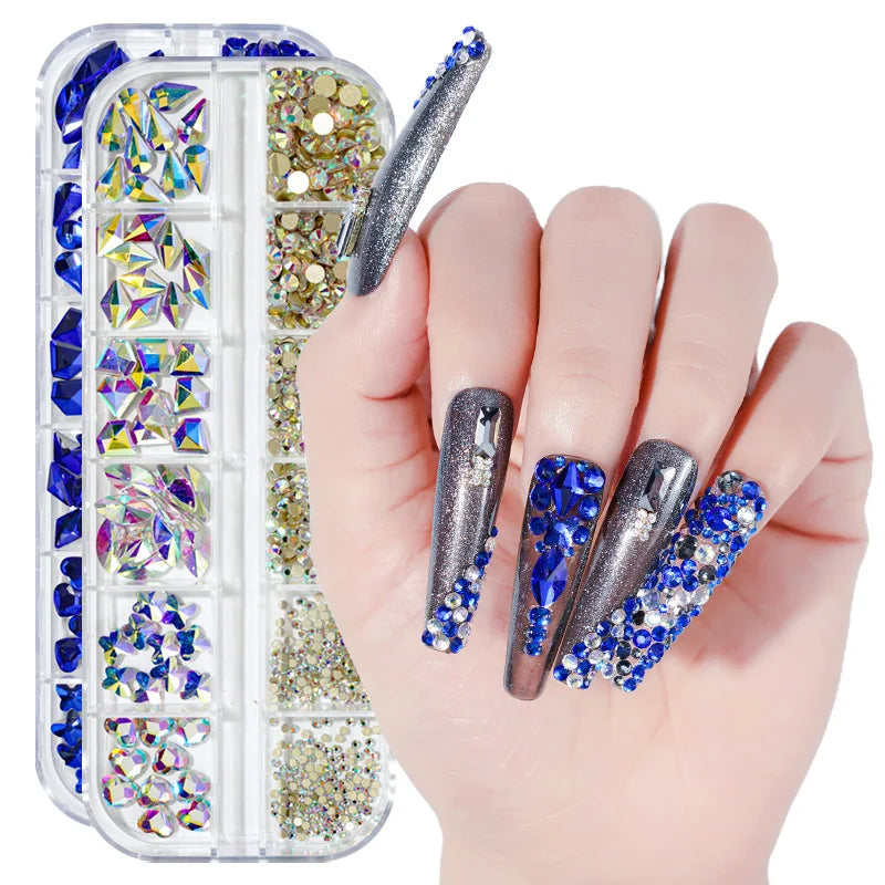 12Gird Box Multi Size AB/Colorful Non-Hotfix Rhinestones Flatback Crystal Diamond Gems 3D Glitter Nail Art Luxurious Decorations SWEET T 52