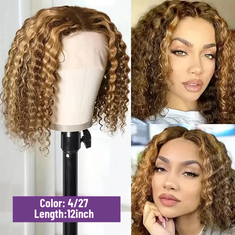 13x4 HD Lace Short Human Hair Wigs, Curly, Color 4/27, Highlight Ombre Human Hair Deep Wave Bob Wigs for Women