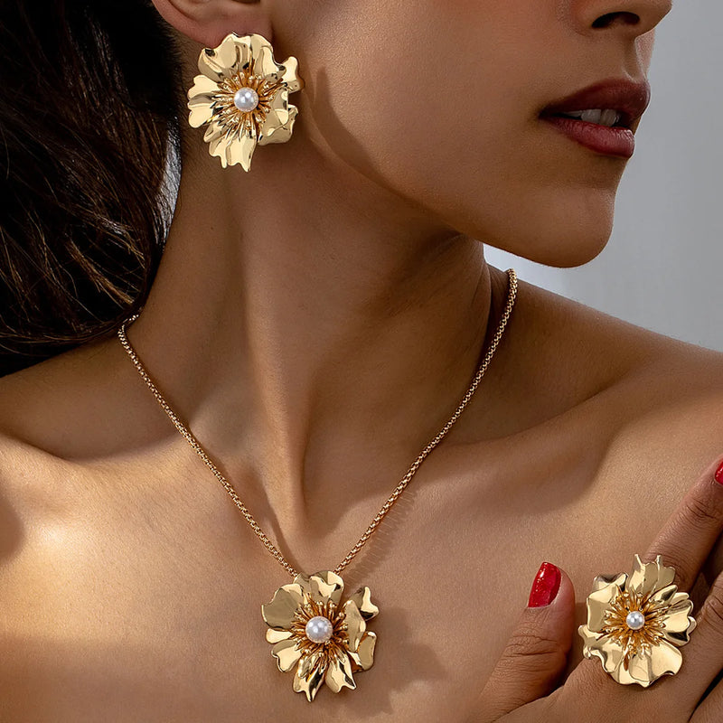 Flower Jewelry Set, Gold Metal/Pearl/Petal Pendant Necklace, Earrings & Ring for Women