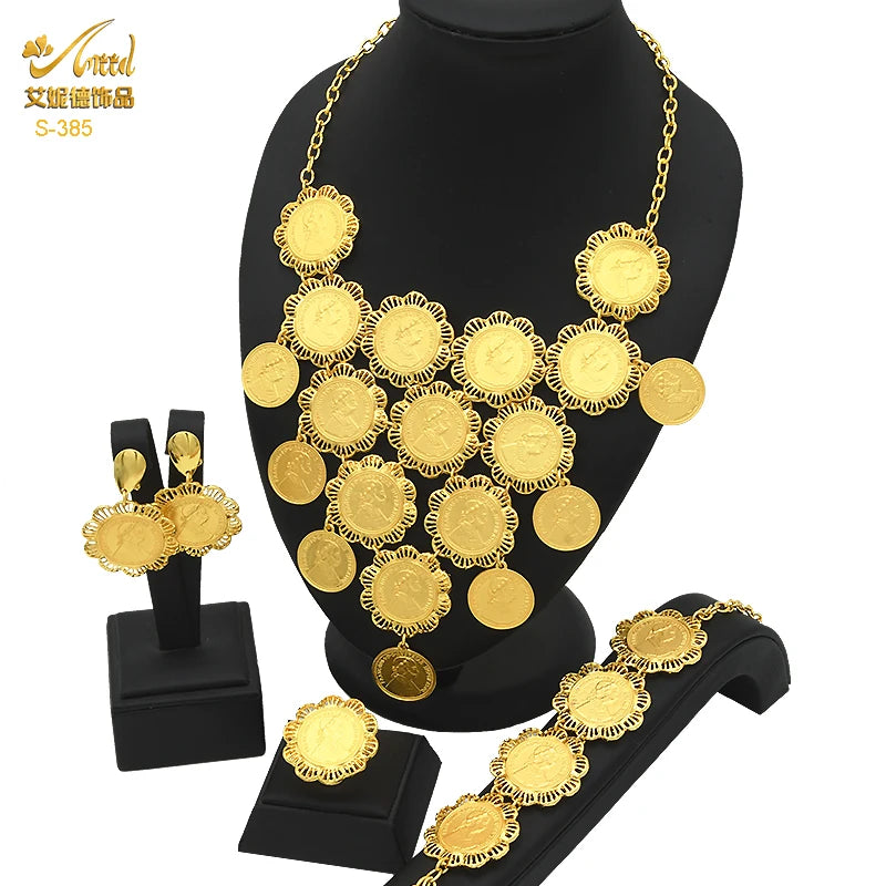 ANIID Ethiopian 24K Gold Color Coins Jewelry Set African Hawaiian Luxury Necklace Bracelet Pendant Set Dubai Wedding Gifts Sweet T 52