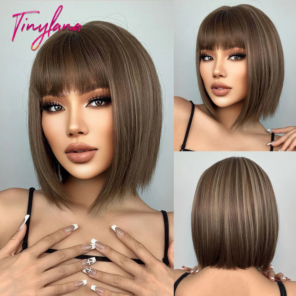Short Straight Synthetic Wigs for Women with Bangs - Short Straight Bob Hair Wigs