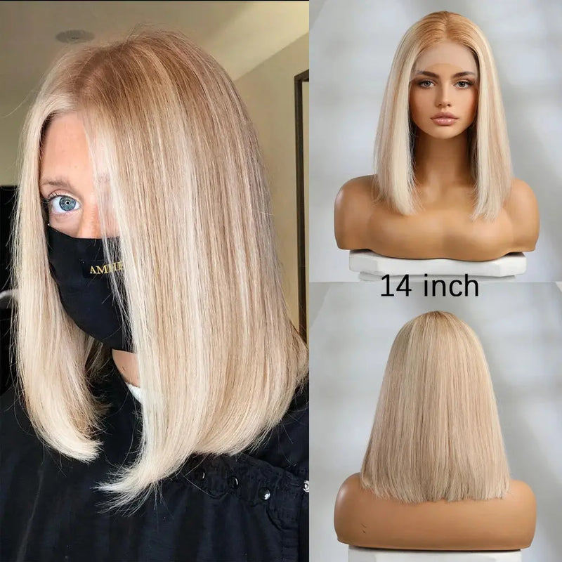 Human Hair 13x1 Lace Front Wig for Women & Girls, Shoulder Length Bob {Straight} with Highlights - Heat Resistant