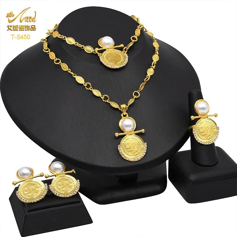 ANIID Ethiopian 24K Gold Color Coins Jewelry Set African Hawaiian Luxury Necklace Bracelet Pendant Set Dubai Wedding Gifts Sweet T 52