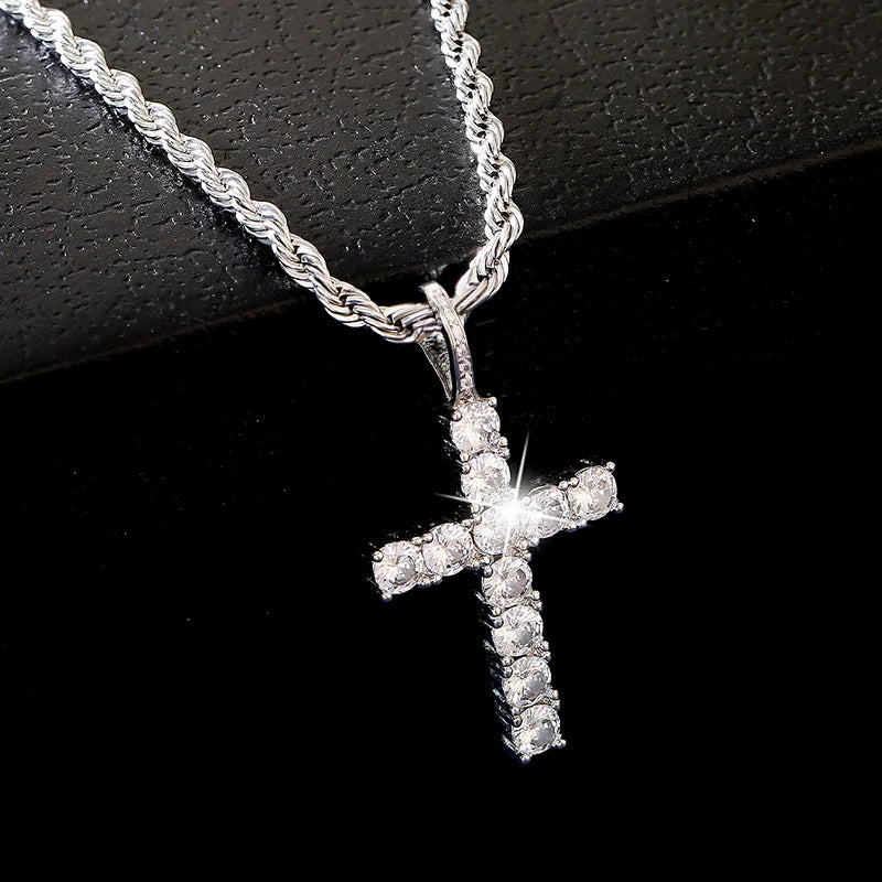 Cubic Zirconia Cross Pendant Necklace on Rope Chain