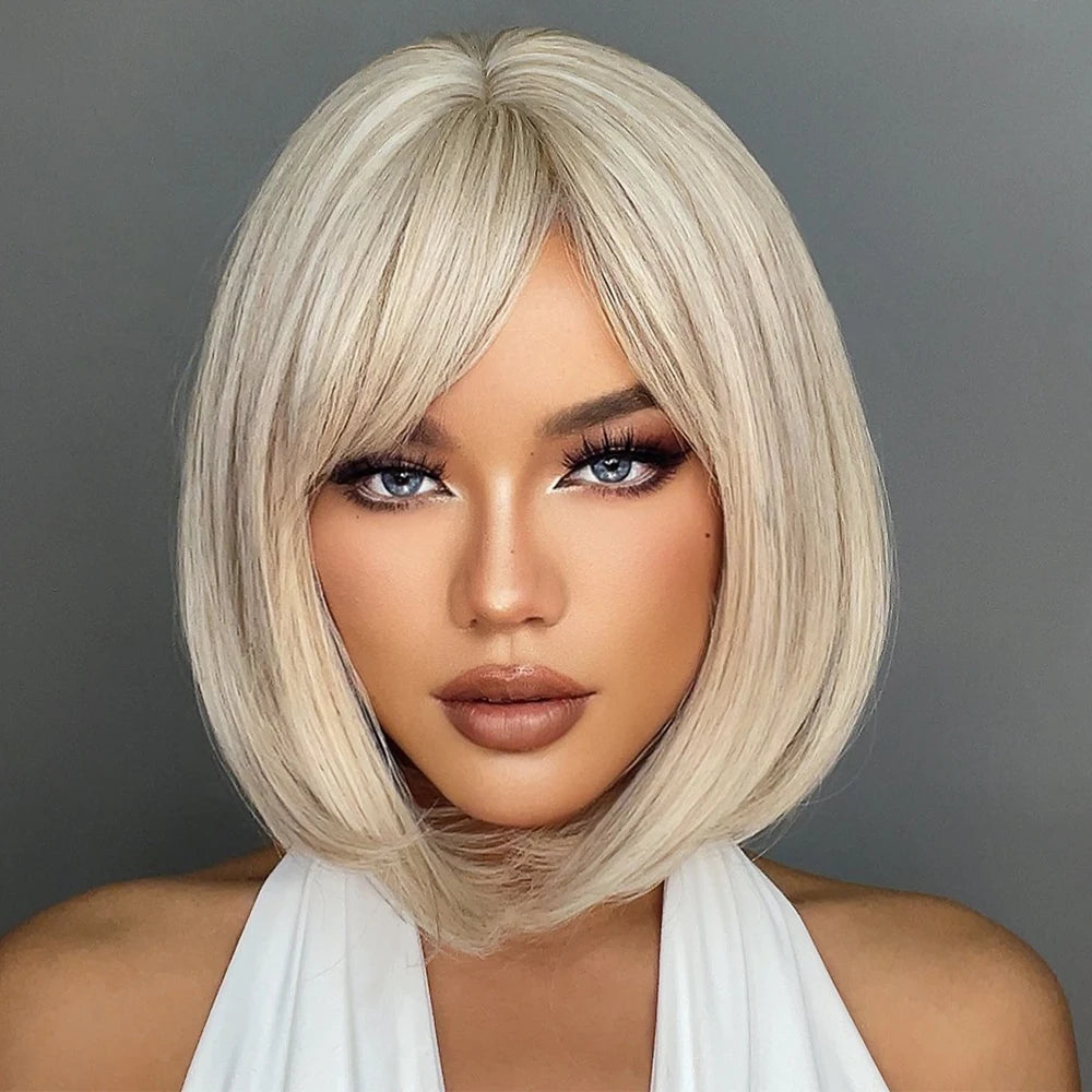 Short Straight Synthetic Wigs for Women with Bangs - Short Straight Bob Hair Wigs