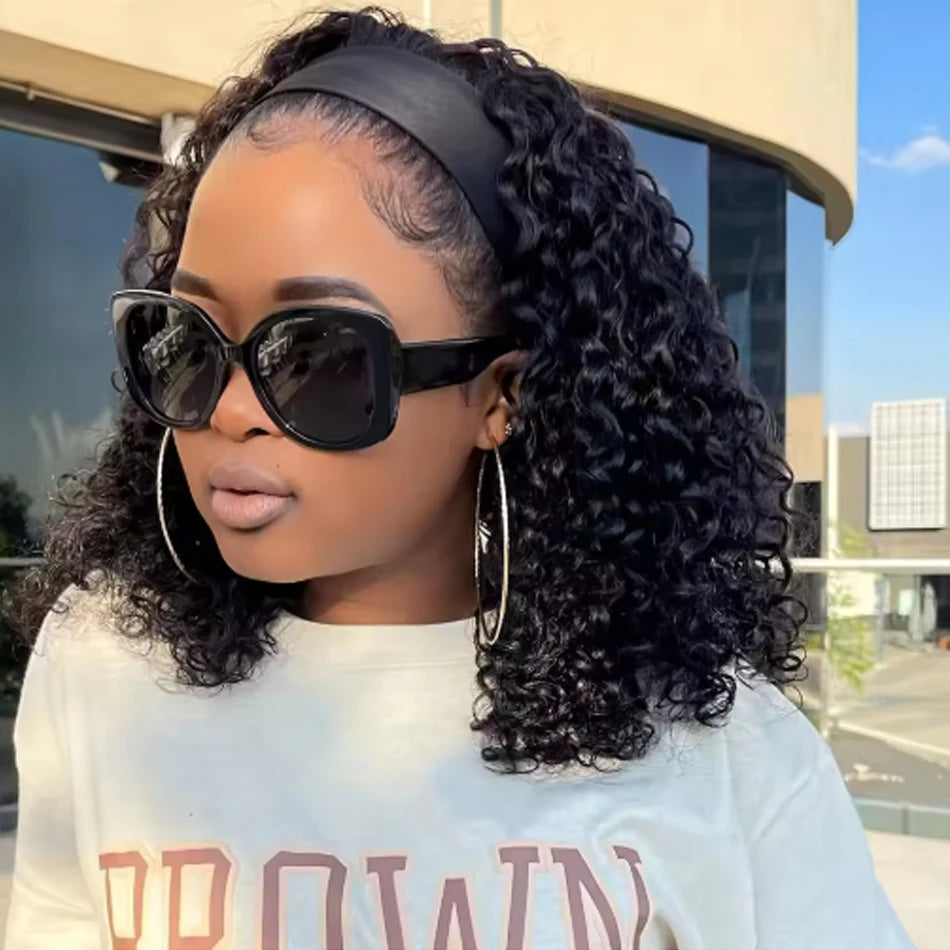 Kinky Curly Headband Wig. Human Hair Curly Bob Wig for Women. Full Machine Made Wig, Natural Black Hair