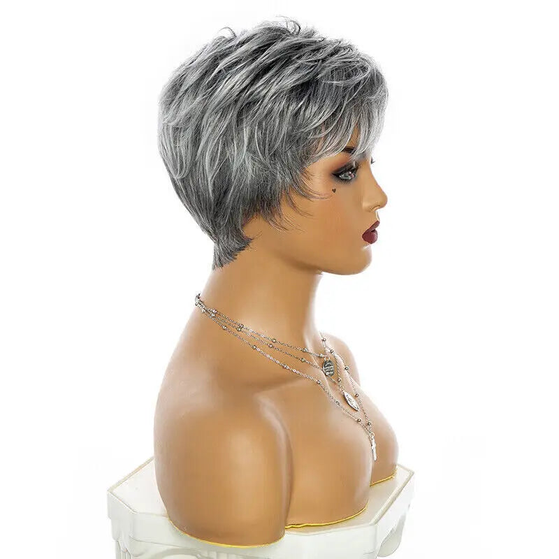 Short Black Root Grey Cut,  Straight Slightly Layered Synthetic Wig for Women & Girls