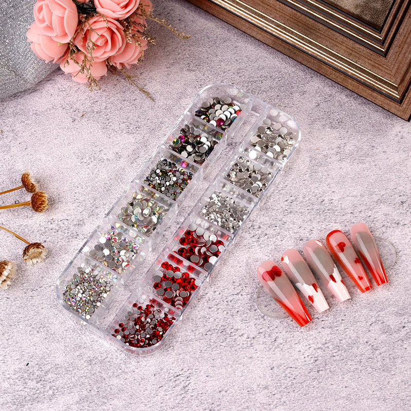 12Gird Box Multi Size AB/Colorful Non-Hotfix Rhinestones Flatback Crystal Diamond Gems 3D Glitter Nail Art Luxurious Decorations SWEET T 52