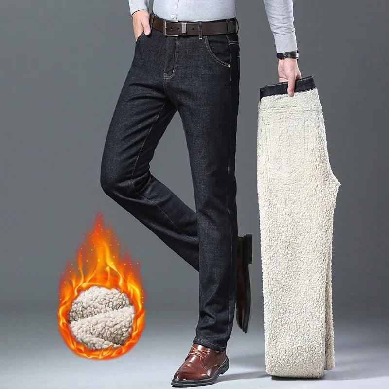 Winter Men's Fleece Thick Sherpa Jeans Business Casual Velvet Straight Denim Pants Male Wool Plush Classic Stretch Trousers Sweet T 52