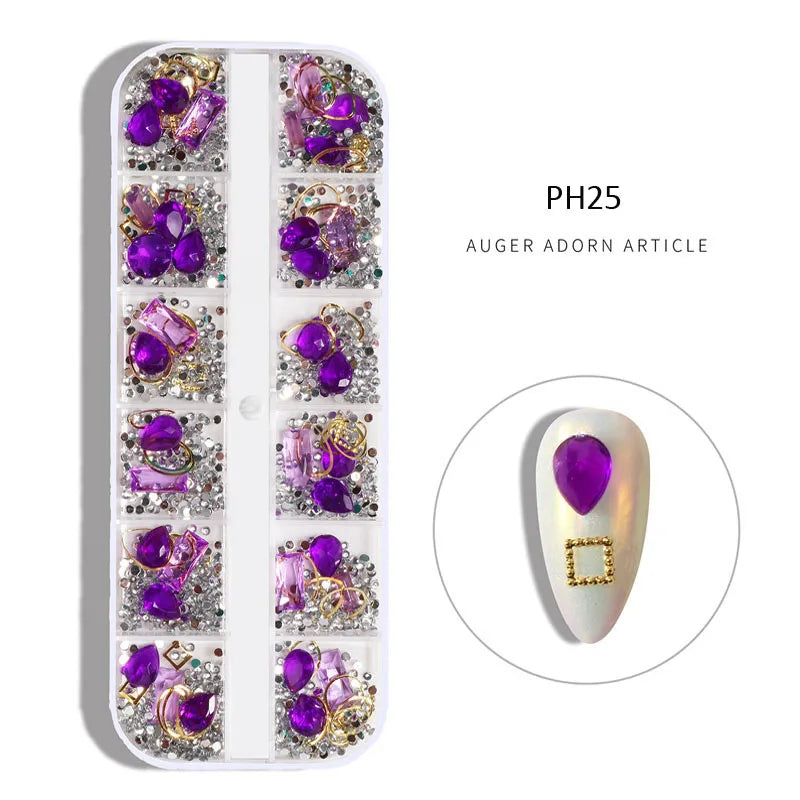 12Gird Box Multi Size AB/Colorful Non-Hotfix Rhinestones Flatback Crystal Diamond Gems 3D Glitter Nail Art Luxurious Decorations SWEET T 52