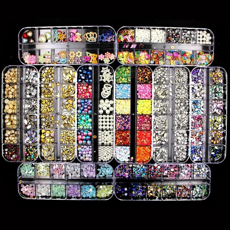 12 Grid/Box 3D Shiny Manicure Accessories, Transparent AB Nail Rhinestones, Colorful Nail Art Kit