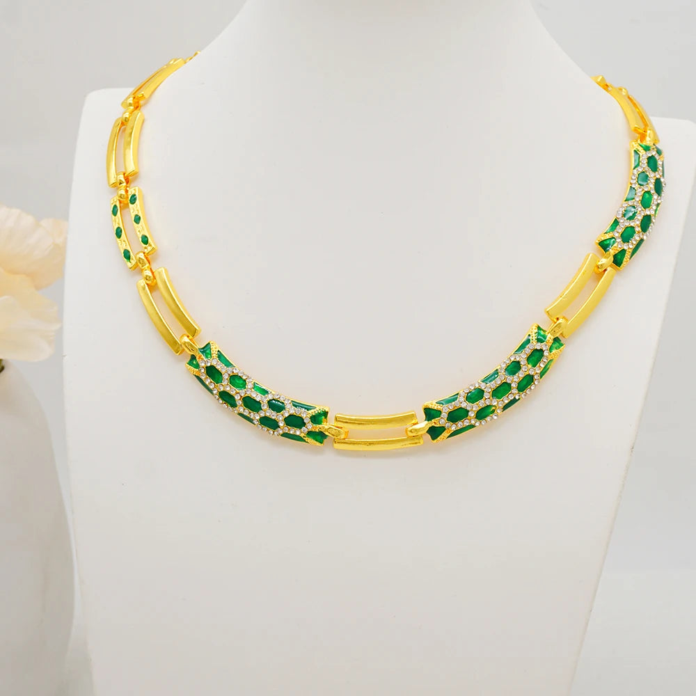 Dubai Gold Color Classics Jewelry Sets for Women - Charming Crystal Green Necklace/Earrings - Nigerian Wedding, African Costume Jewelry