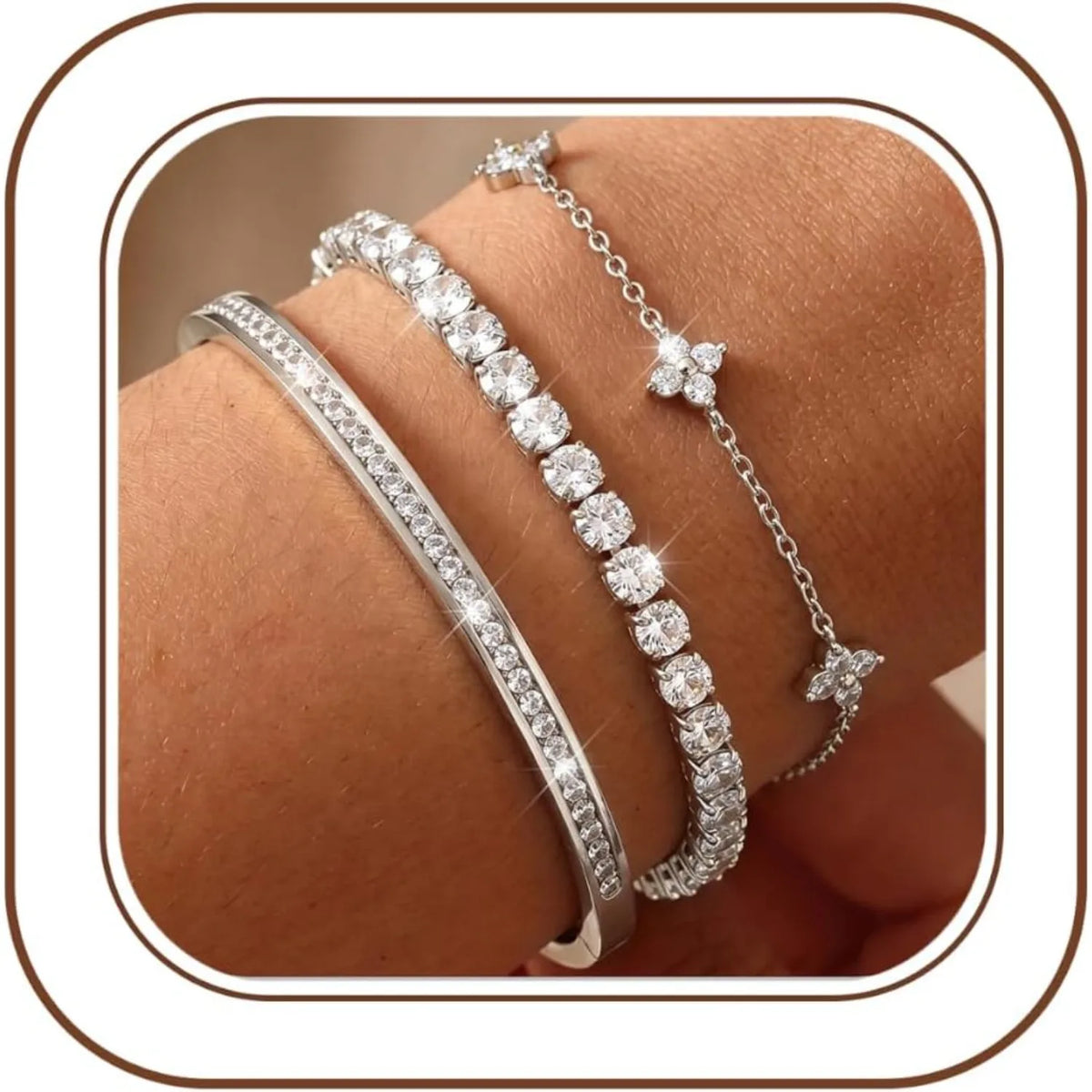 3PC Stackable Bracelet Set for Women - Adjustable 14K Gold-Plated & Silver Stainless Steel Tennis Bracelets