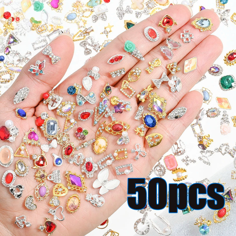 1 Bag Random Luxury Nail Art Dangle Jewelry, Mixed Style Nail Charms, Rhinestones 3D, 50 Pieces