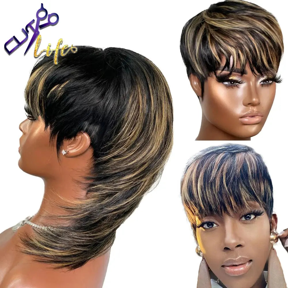 Short Pixie Cut Wigs, Wear And Go - Dovetail Straight Highlight Blonde Remy Human Hair Mullet Wigs - SWEET T 52