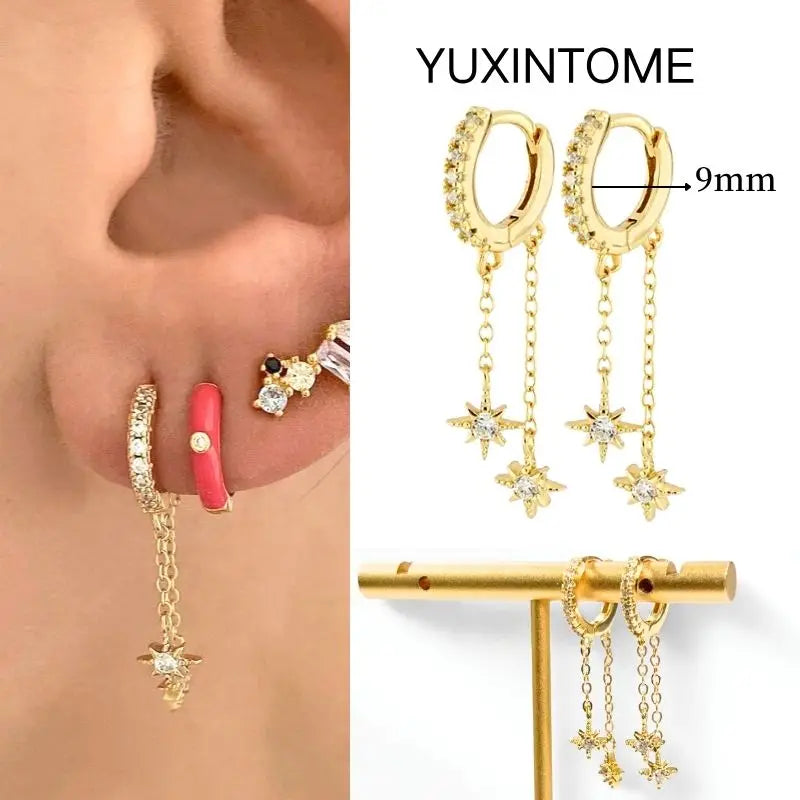 925 Silver Needle Star Hoop Earrings for Women - Five-pointed Star and Moon Pendant Huggie Earrings