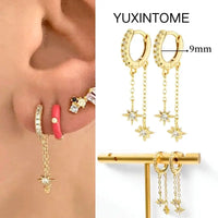 925 Silver Needle Star Hoop Earrings for Women - Five-pointed Star and Moon Pendant Huggie Earrings