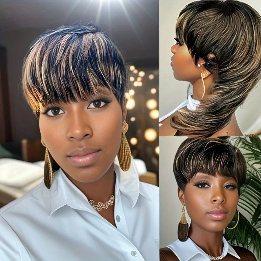 Mullet Wig - 12 Inch Short Straight Layered Highlights, 1b27, for Women. Remy Hair, 150% density, pixie cut human hair wig
