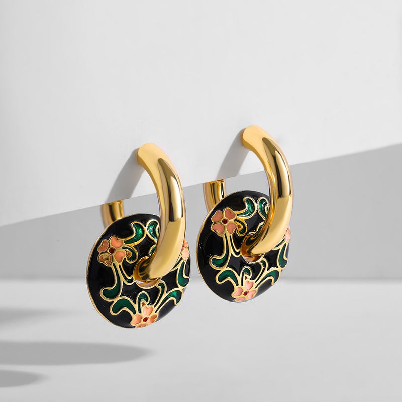 Vintage Enameled Flower Small Hoop Earrings - Trendy Geometric Statement, Round Circular Huggie Earrings for Women and Girls