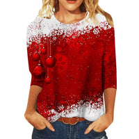 Christmas Limited Edition Women's 3D Red Snowflake Print Round Neck Long Sleeve T-shirt Fashion Casual Long Sleeve Top