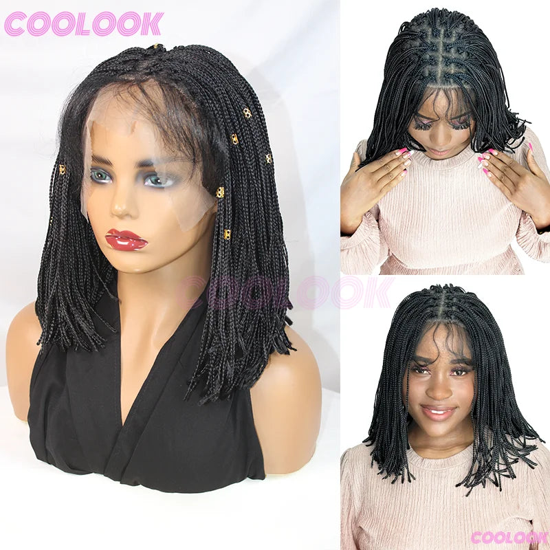 12" Short Braided Wigs for Women, Synthetic Wig, 6*6 Lace Braided African Wigs, Cornrow Micro Braids