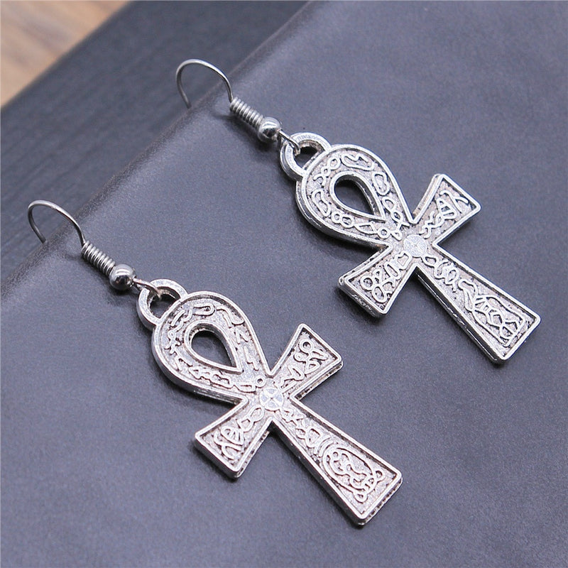 Egyptian Life Key Ankh/Cross Drop Earrings for Women and Girls in Silver and Gold