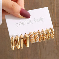 Gold Color Vintage Geometry Pearl Earrings Set Metal Twine Square Dangle Earrings Round for Women Simple Trendy Party Jewelry