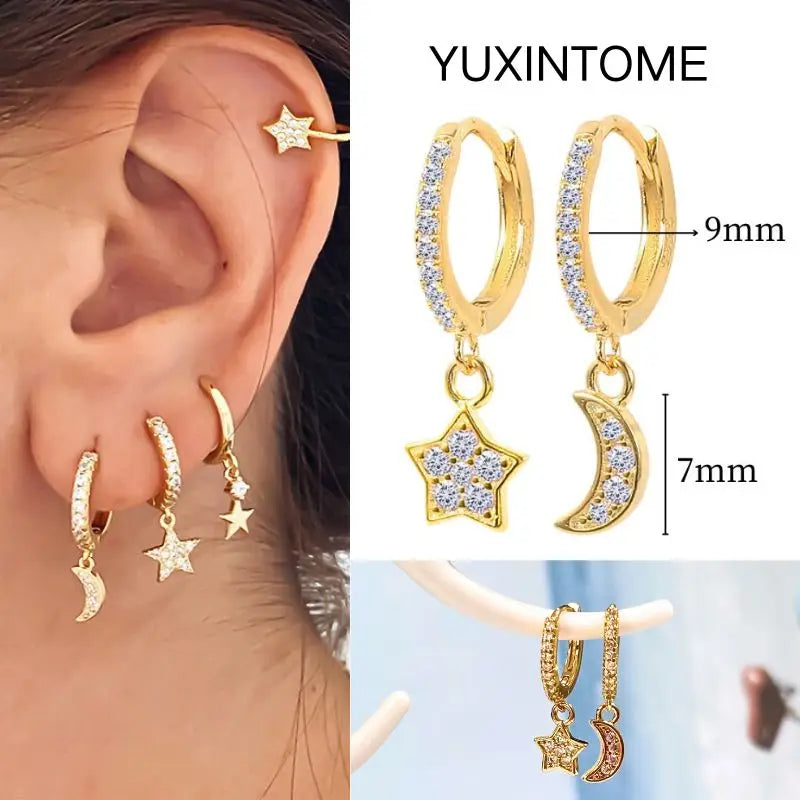 925 Silver Needle Star Hoop Earrings for Women - Five-pointed Star and Moon Pendant Huggie Earrings