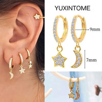 925 Silver Needle Star Hoop Earrings for Women - Five-pointed Star and Moon Pendant Huggie Earrings