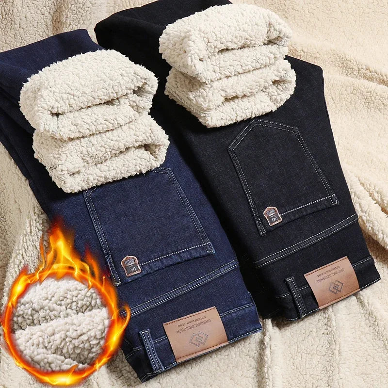 Winter Men's Fleece Thick Sherpa Jeans Business Casual Velvet Straight Denim Pants Male Wool Plush Classic Stretch Trousers Sweet T 52