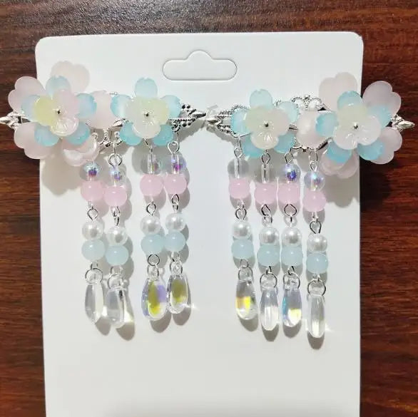 2pcs/set Chinese Style Pink Blue Flower Pearls, Long Tassel Hairpins, Clips, Headpieces for Kids.