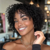 8 Inch Pixie Cut Kinky Curly Wig with Bangs for Women - Brazilian Human Hair, Short Curly Style, Full Machine Made