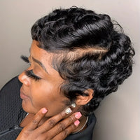 Short Pixie Cut Human Hair Wigs for Women - 6 Inch Short Curly Wave Wigs - 200/250% Density, Glueless