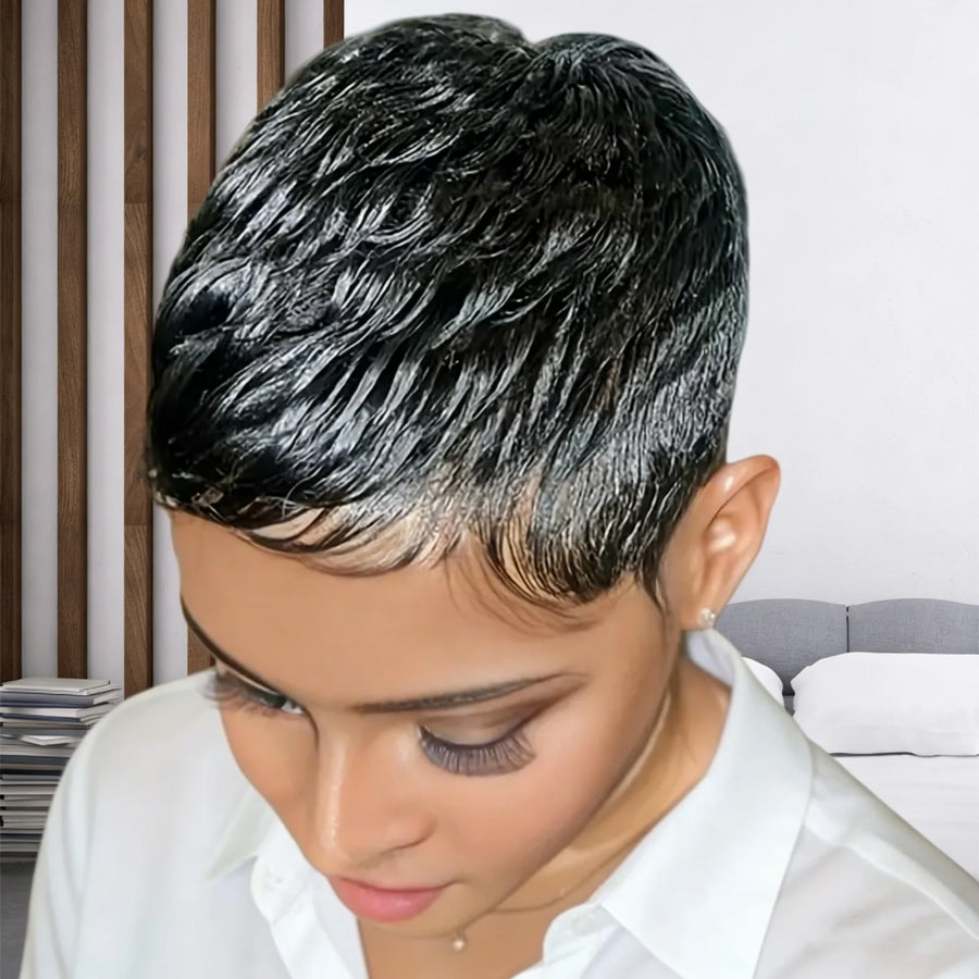 Pixie Cut Wig for Women - Brazilian Remy Human Hair, Short Wave Style with 99j Color, Full Machine-Made