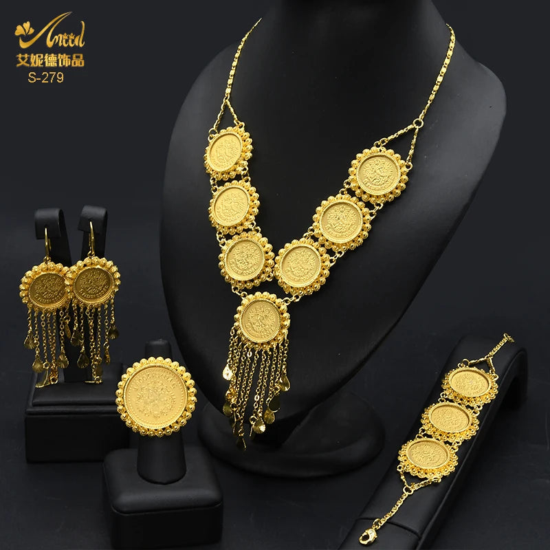 ANIID Ethiopian 24K Gold Color Coins Jewelry Set African Hawaiian Luxury Necklace Bracelet Pendant Set Dubai Wedding Gifts Sweet T 52