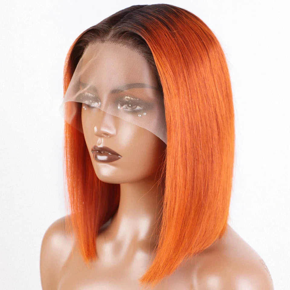 Ombre Straight Bob 13x6X2 Lace Front Wigs. Human Hair Short Bob Wigs, Ash Blonde Remy Hair, Pre-Plucked, Glueless Wig.