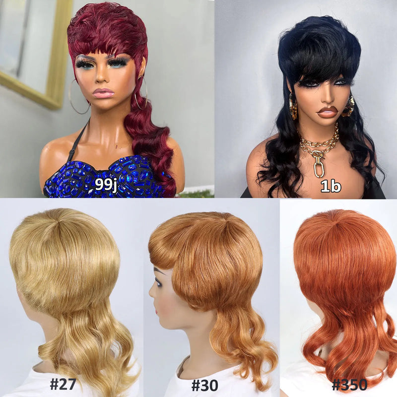 Mullet Wigs - Short Pixie Cut Wavy Human Hair Wigs - Glueless Wear & Go with Bangs, Remy Hair Wigs for Women