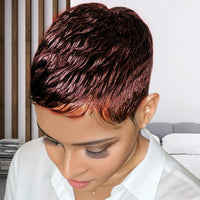 Pixie Cut Wig for Women - Brazilian Remy Human Hair, Short Wave Style with 99j Color, Full Machine-Made