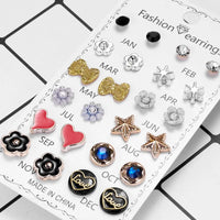 12 Pair/Set Rhinestones - Flower, Bowknot, Star, Heart Stud Earrings for Women/Men. Simple Earrings Jewelry