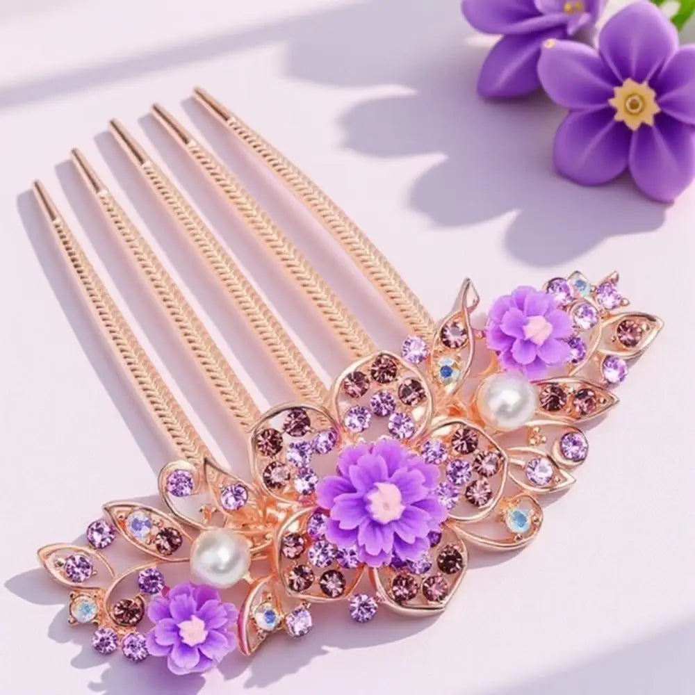 Multicolor Rhinestone Flower Hair Comb Elegant Five-Tooth Hair Clip Accessory for Women Wedding Party Daily Wear SWEET T 52