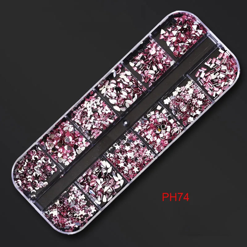 12Gird Box Multi Size AB/Colorful Non-Hotfix Rhinestones Flatback Crystal Diamond Gems 3D Glitter Nail Art Luxurious Decorations SWEET T 52